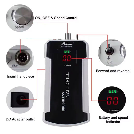 iBelieve Professional Portable Nail Drill Brushless 35000RPM