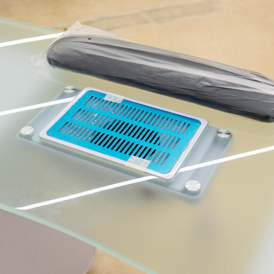 Paddie Glass Top Manicure Table with Vent & Storage