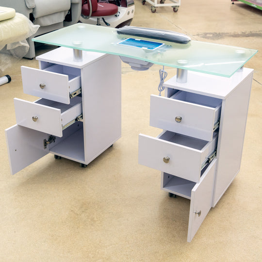 Paddie Glass Top Manicure Table with Vent & Storage