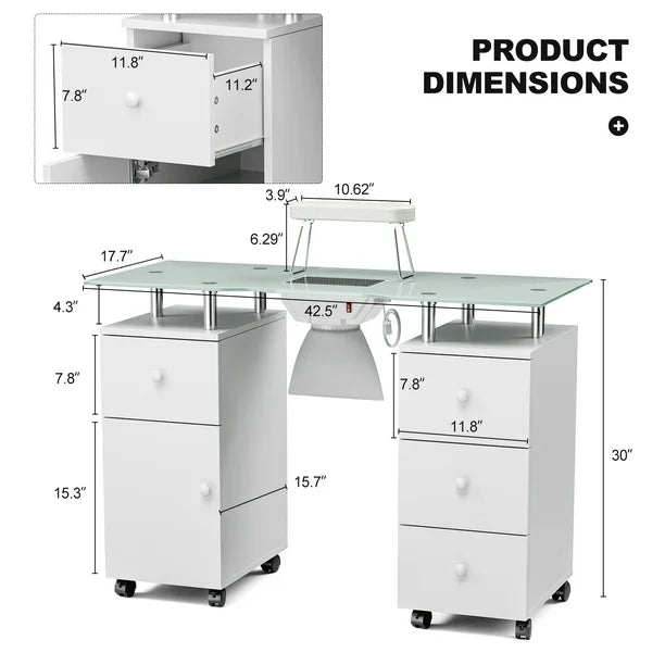 Paddie Glass Top Manicure Table with Vent & Storage