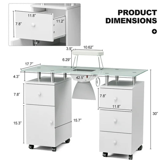 Paddie Glass Top Manicure Table with Vent & Storage