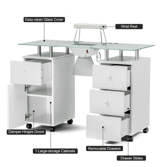 Paddie Glass Top Manicure Table with Vent & Storage