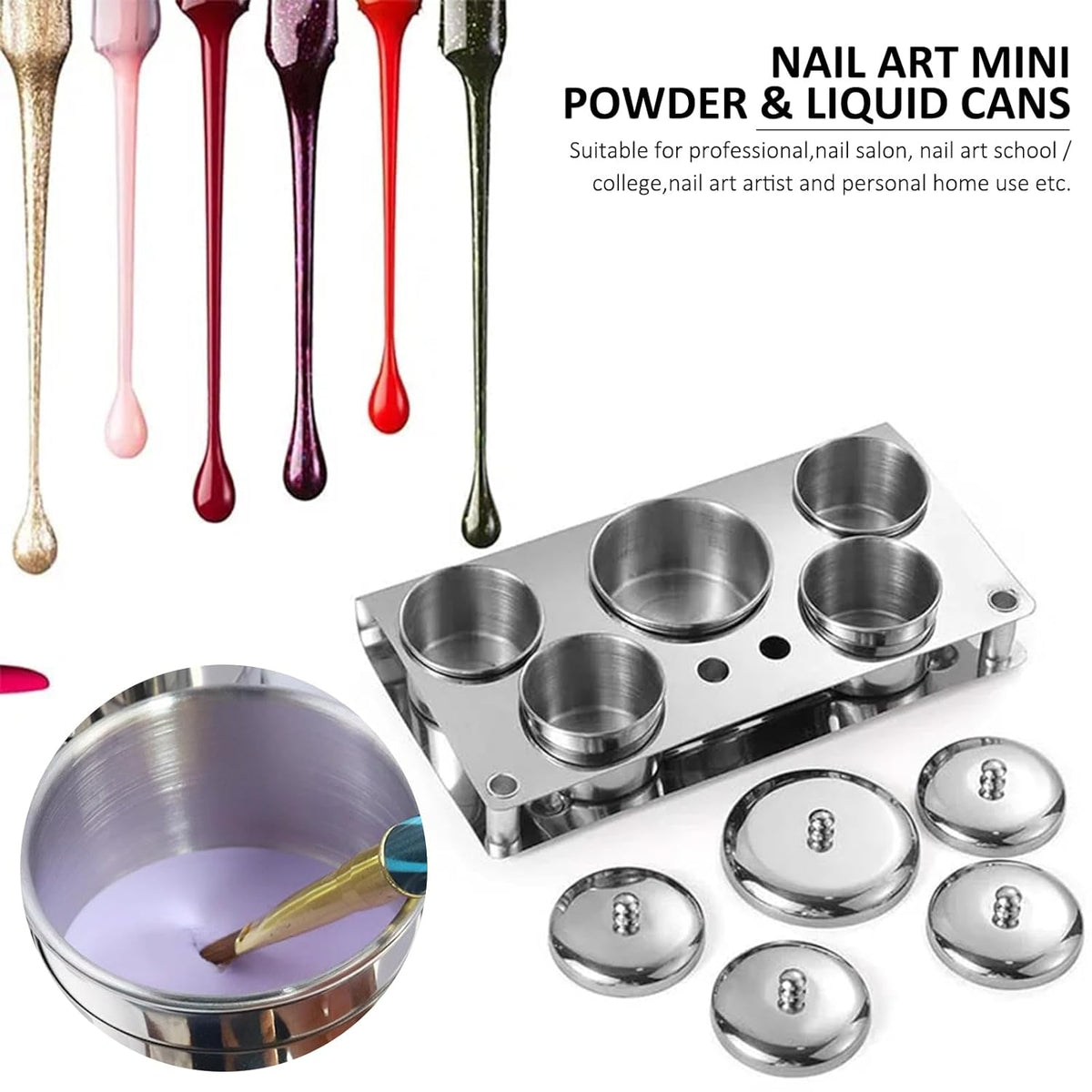 5pcs Stainless Steel Nail Art Mini Powder & Liquid Set Cans