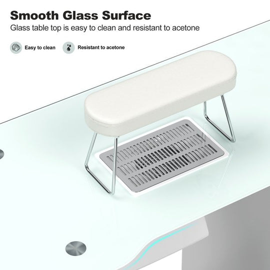 Paddie Glass Top Manicure Table with Vent & Storage